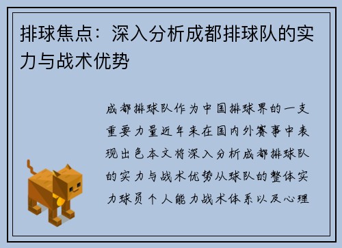排球焦点：深入分析成都排球队的实力与战术优势